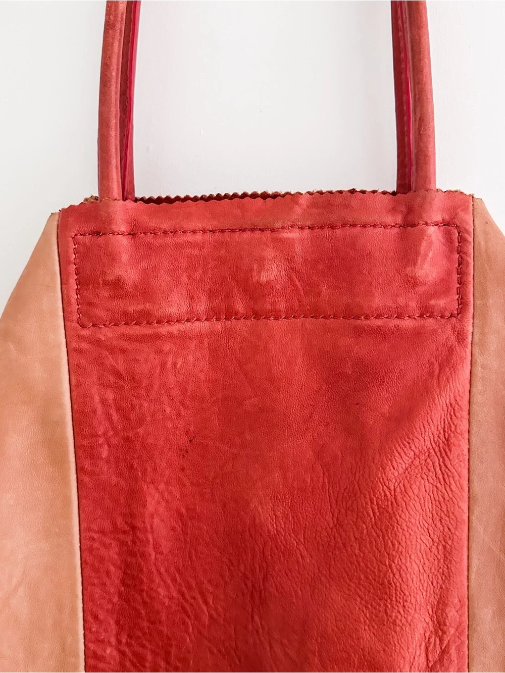 Banana Republic Leather Tote Color Block Tan & Red Patchwork Shoulder Bag - Picture 7 of 15